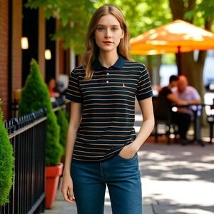 Vintage Polo Jeans Co Ralph Lauren Polo Shirt Black Gold Flag Short Sleeve Large